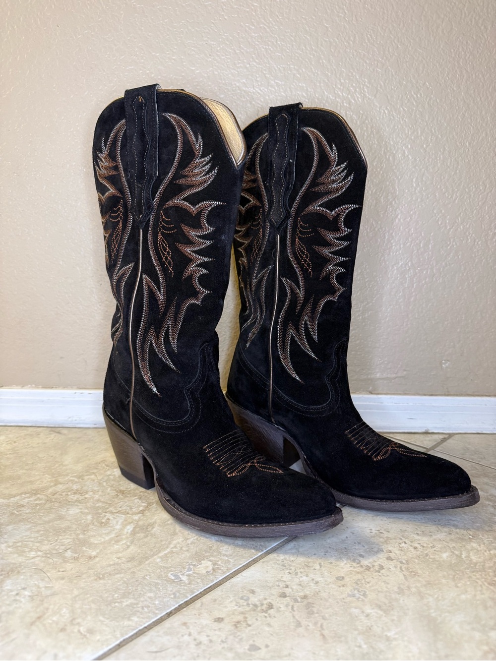 Idyllwind Black Suede Western Heeled Boots with Brown Embroidery
